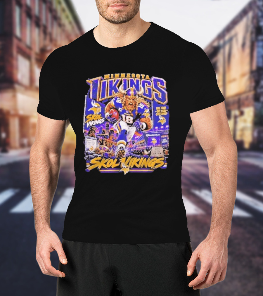Minnesota Vikings Skol Vikings One Team One Skol One Family 18 Football City Highlights T-Shirt