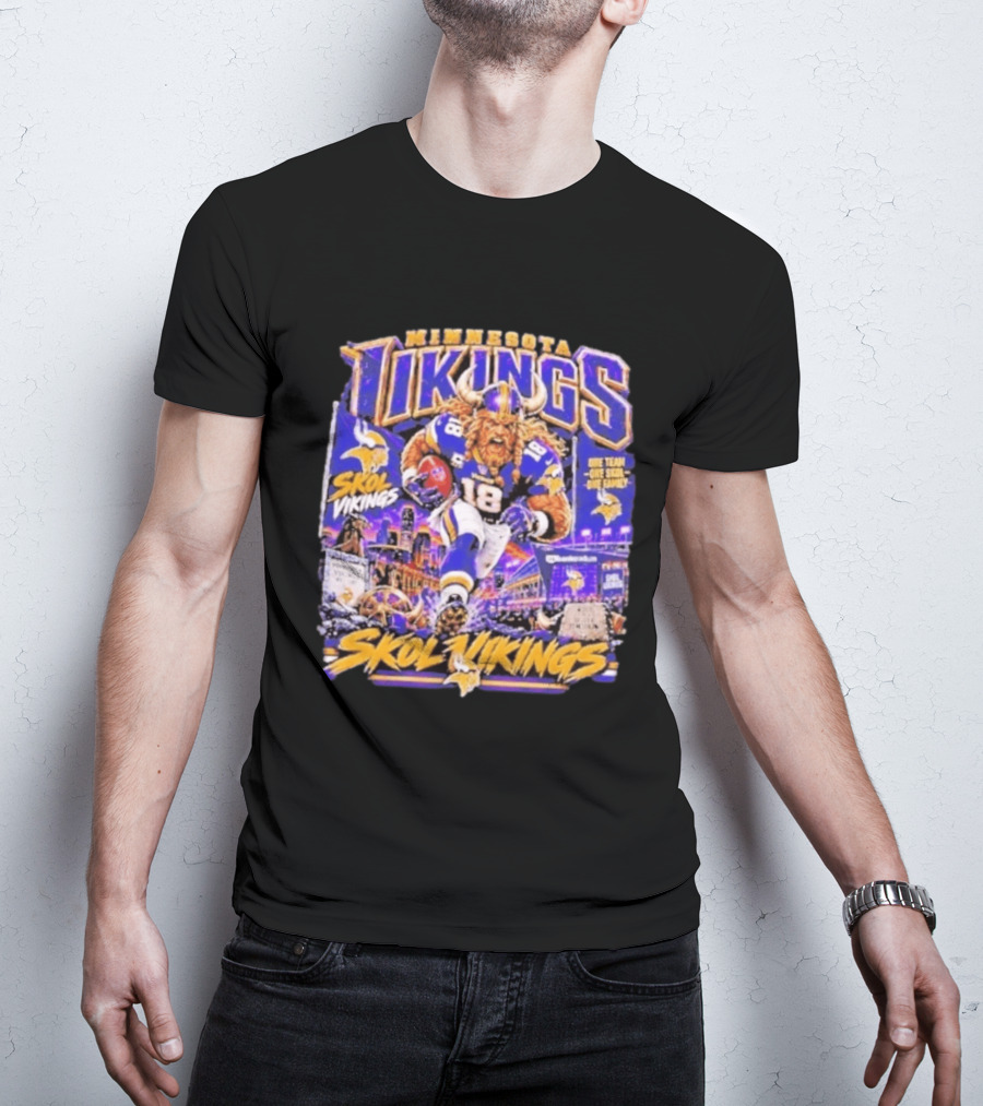 Minnesota Vikings Skol Vikings One Team One Skol One Family 18 Football City Highlights T-Shirt