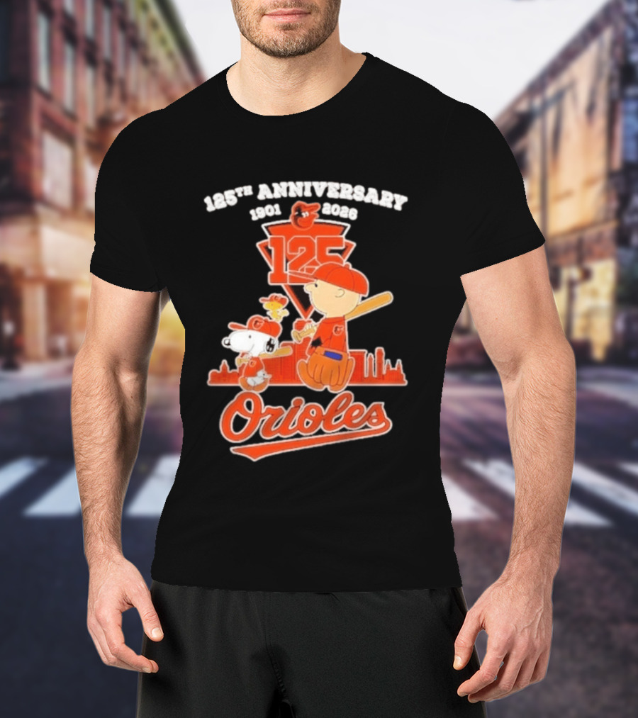 Peanuts Snoopy Baltimore Orioles 125th Anniversary 1901 2026 Skyline Baseball T-Shirt