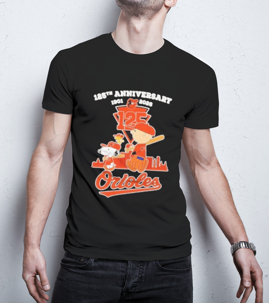 Peanuts Snoopy Baltimore Orioles 125th Anniversary 1901 2026 Skyline Baseball T-Shirt