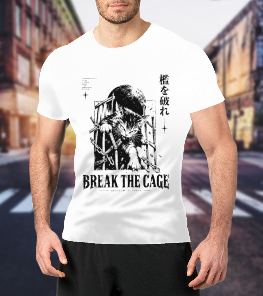 Break The Cage Freedom Is Taken Cat Kanji T-Shirt