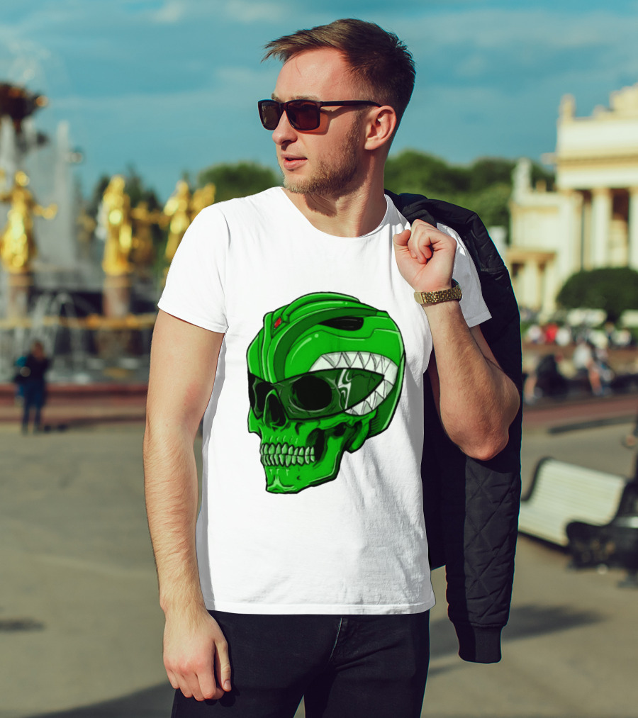 Mighty Morphin Power Rangers Green Ranger Zombie Skull Helmet Mashup T-Shirt