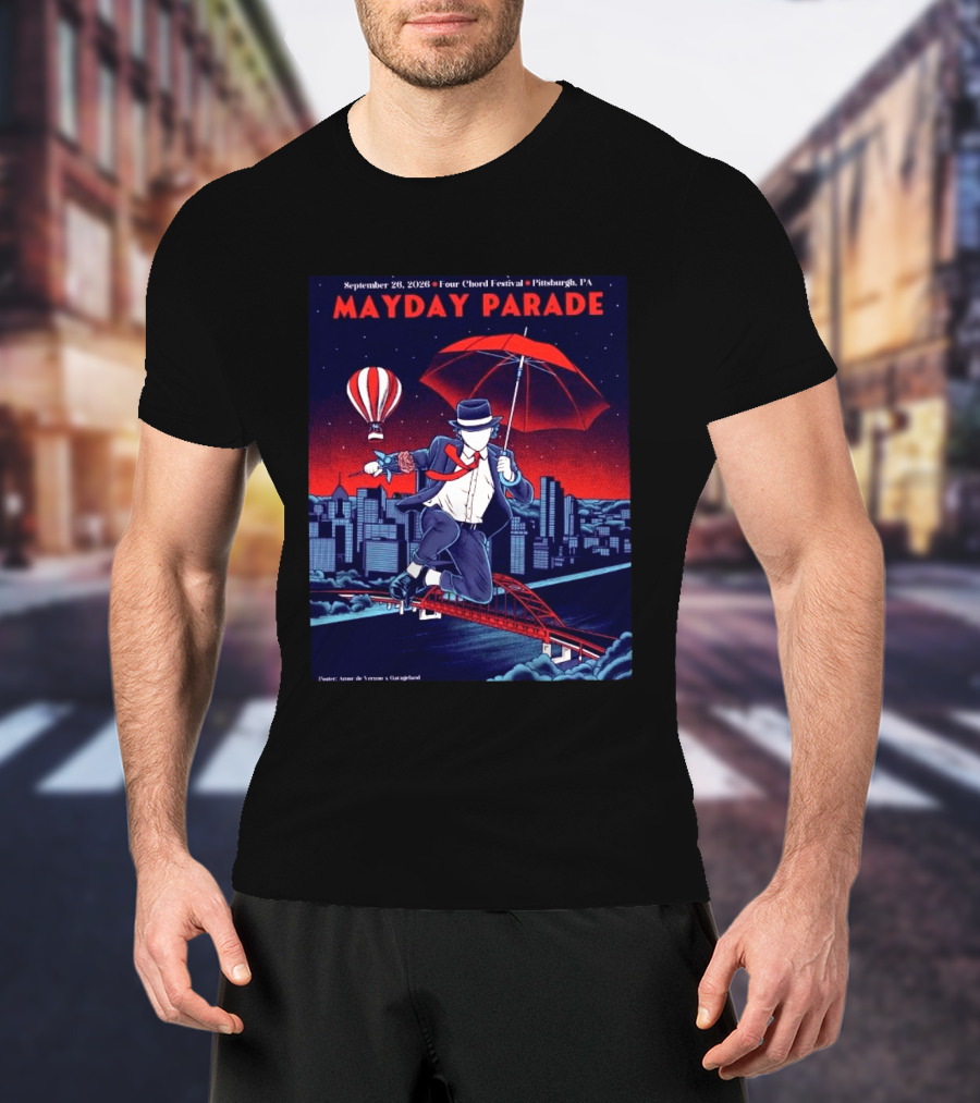 Mayday Parade September 26 2026 Four Chord Festival Pittsburgh PA Hot Air Balloon Umbrella Cityscape T-Shirt
