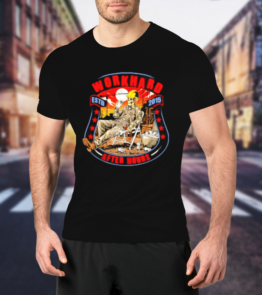 Work Hard After Hours Estd 2015 Skeleton Construction Worker Relaxing Moonlight Scene T-Shirt