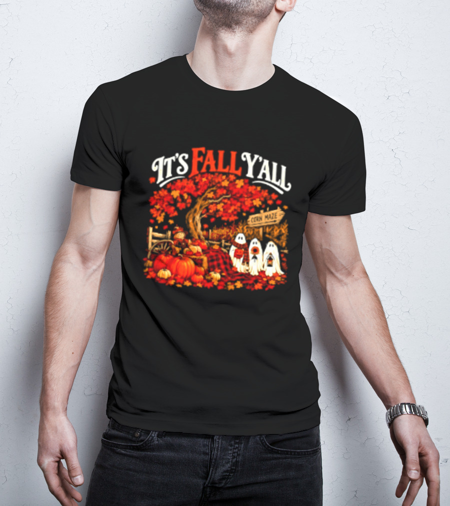 It's Fall Y'all Corn Maze Pumpkins Scarecrow Ghosts Halloween Tree T-Shirt