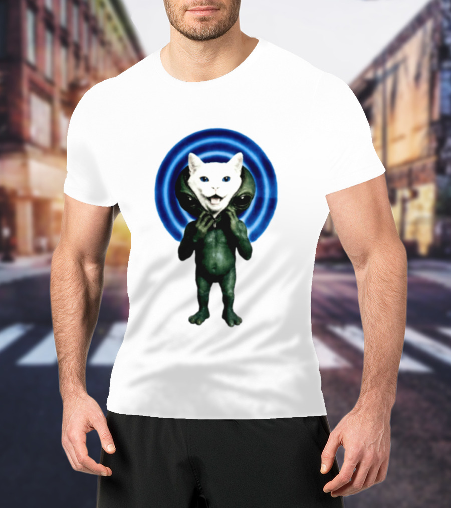 Cat Unzipping Alien Costume Sci Fi Whimsical Blue Ripple Effect T-Shirt