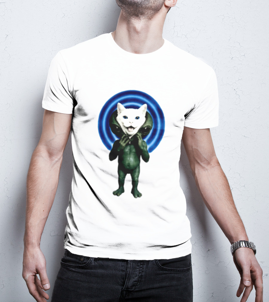 Cat Unzipping Alien Costume Sci Fi Whimsical Blue Ripple Effect T-Shirt