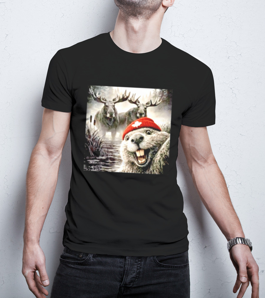 Beaver With Maple Leaf Beanie And Moose Forest Scene T-Shirt
