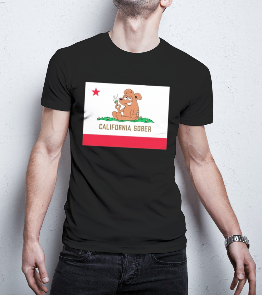 California Sober Bear With Joint And Drink State Flag T-Shirt