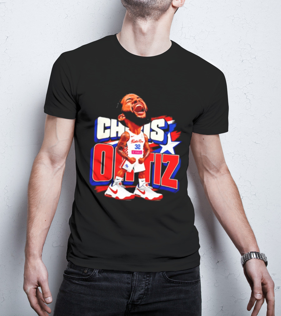 Chris Ortiz Puerto Rico Basketball Player Caricature With Jersey Number 32 Nike Sneakers T-Shirt