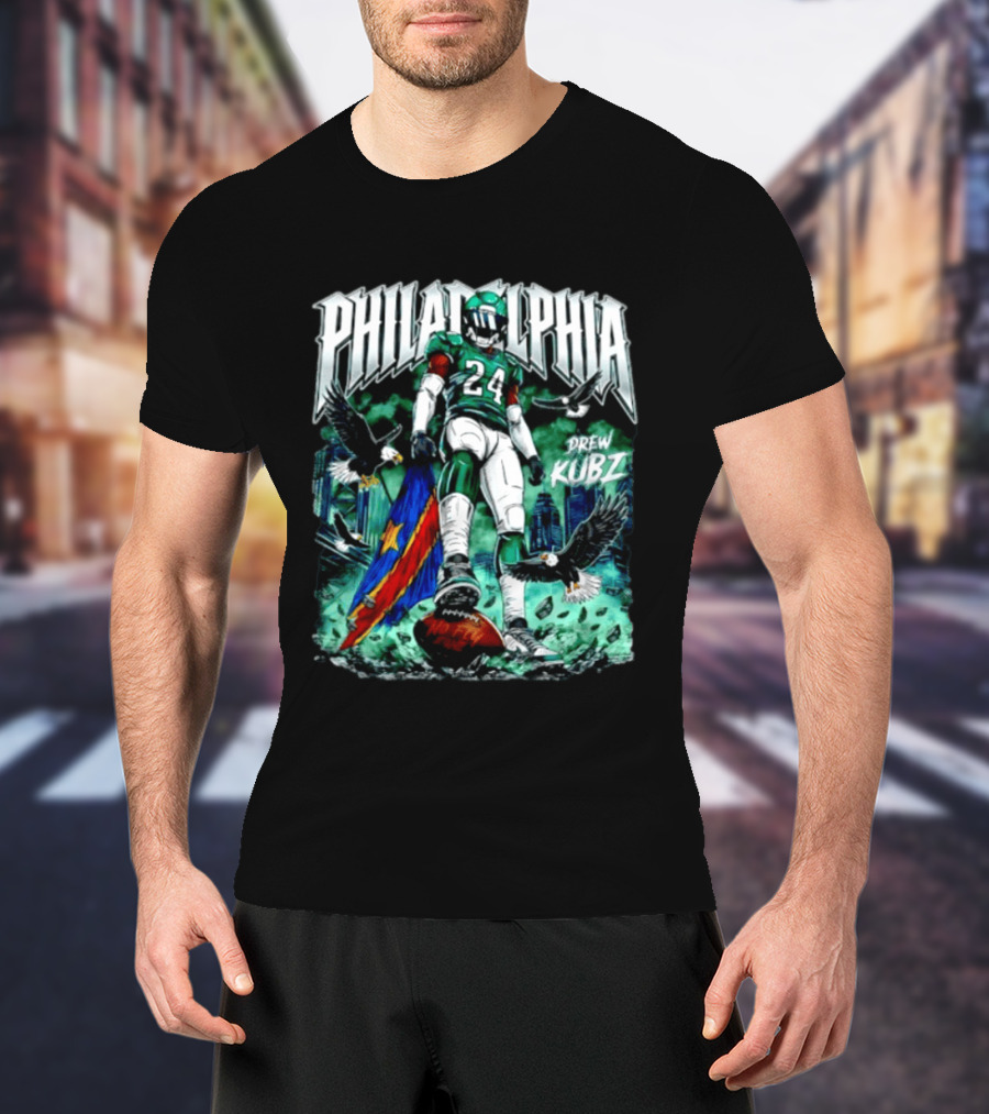 Philadelphia Eagles 24 Drew Kubz No Fly Zone Football Eagles Skyline T-Shirt