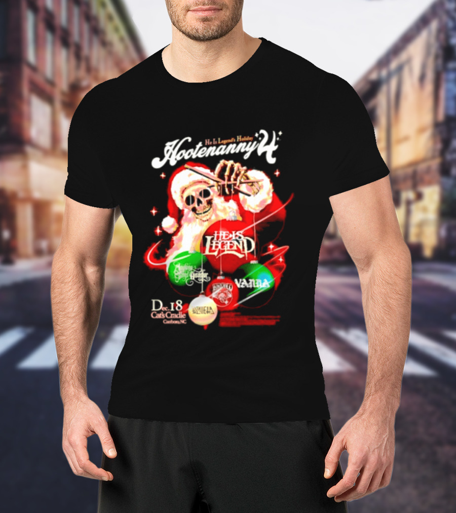 Holiday Hootenanny He Is Legend Skeleton Santa Cat's Cradle Carrboro NC Christmas T-Shirt