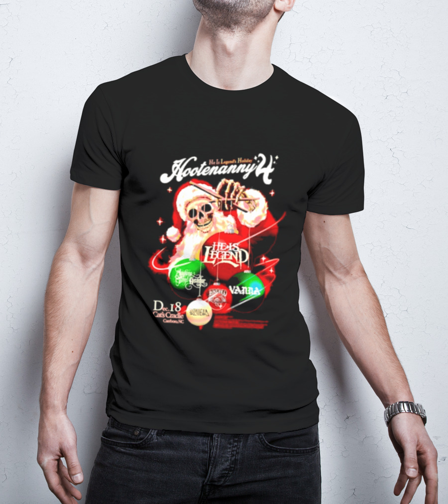 Holiday Hootenanny He Is Legend Skeleton Santa Cat's Cradle Carrboro NC Christmas T-Shirt
