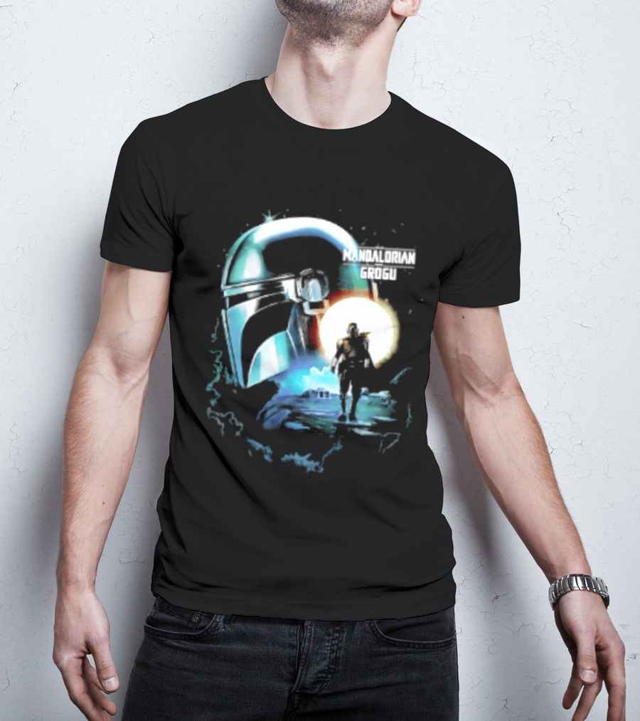 The Mandalorian And Grogu Helmet Silhouette Star Wars Disney Plus Series T-Shirt