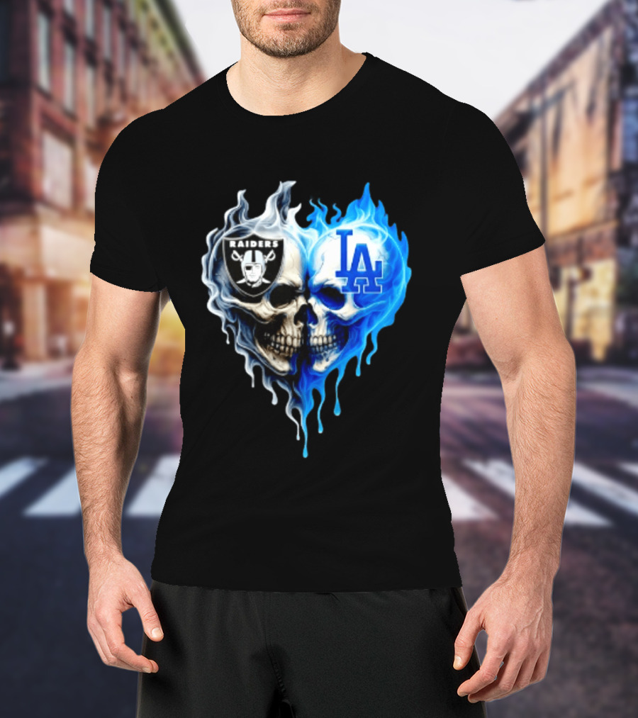 Las Vegas Raiders Los Angeles Dodgers Skulls Heart Blue Flames T-Shirt