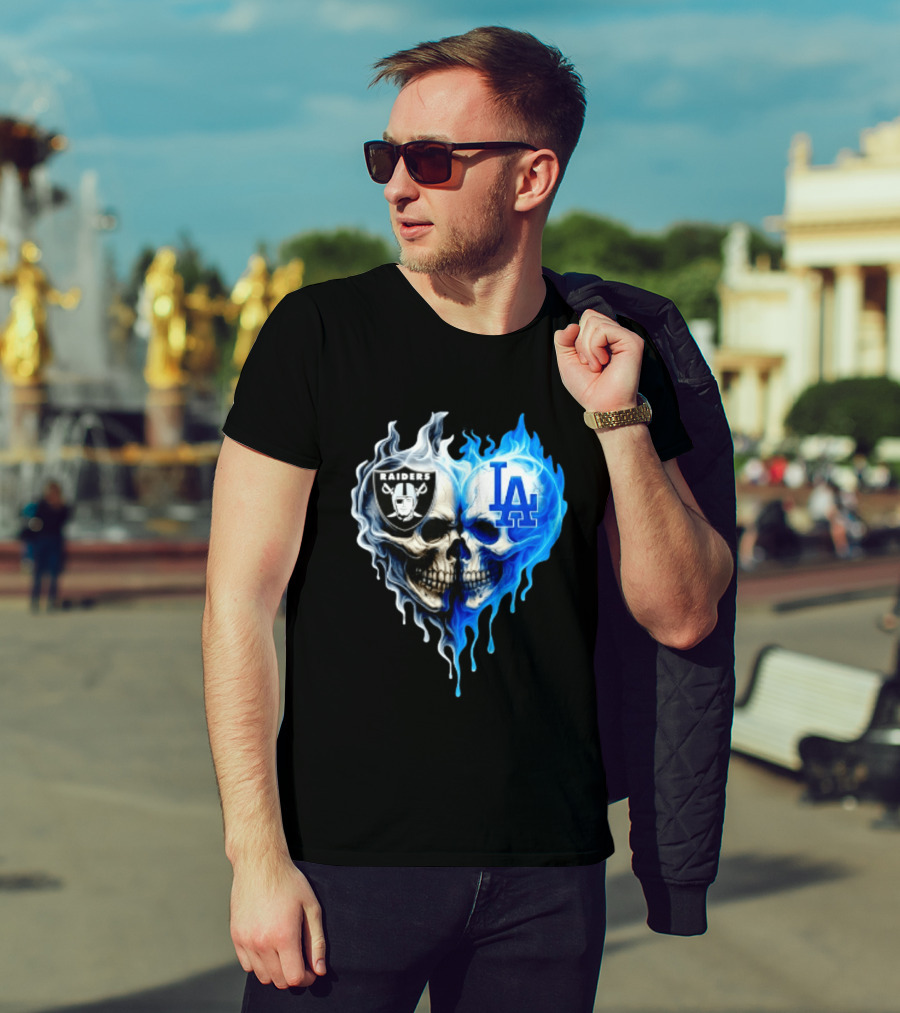 Las Vegas Raiders Los Angeles Dodgers Skulls Heart Blue Flames T-Shirt