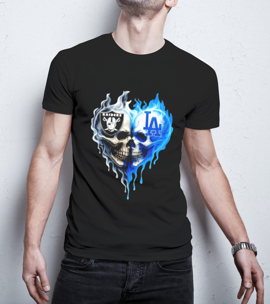 Las Vegas Raiders Los Angeles Dodgers Skulls Heart Blue Flames T-Shirt
