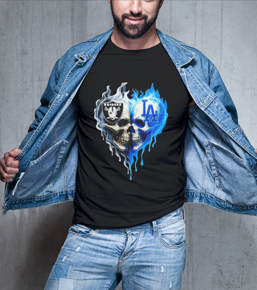 Las Vegas Raiders Los Angeles Dodgers Skulls Heart Blue Flames T-Shirt