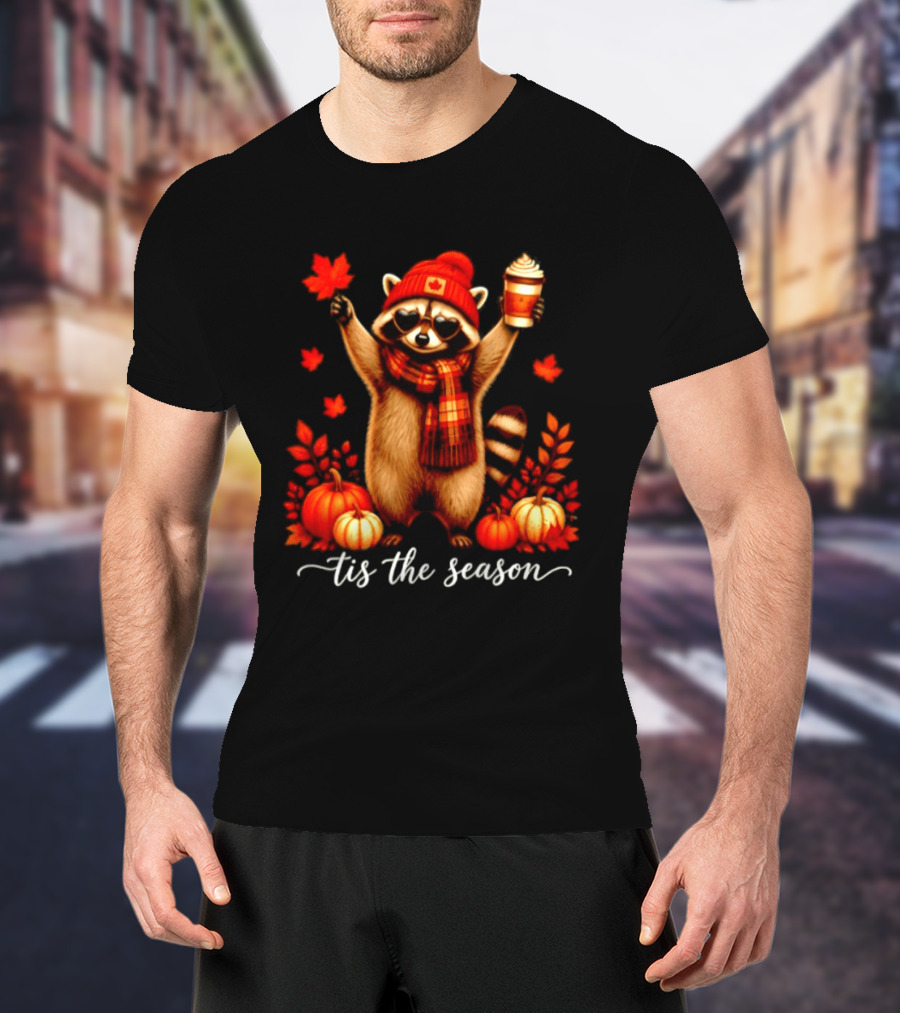 Raccoon In Scarf With Heart Sunglasses Autumn Leaves Pumpkins Tis The Season T-Shirt