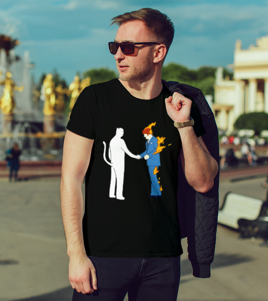 Rip N Dip Cat Handshake Burning Man Suit On Fire T-Shirt