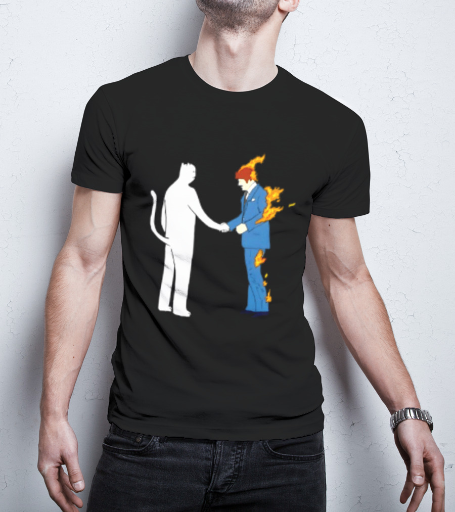 Rip N Dip Cat Handshake Burning Man Suit On Fire T-Shirt