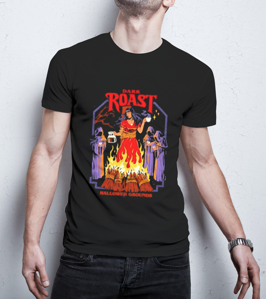 Dark Roast Hallowed Grounds Coffee Witch Brewing Flames And Rituals T-Shirt