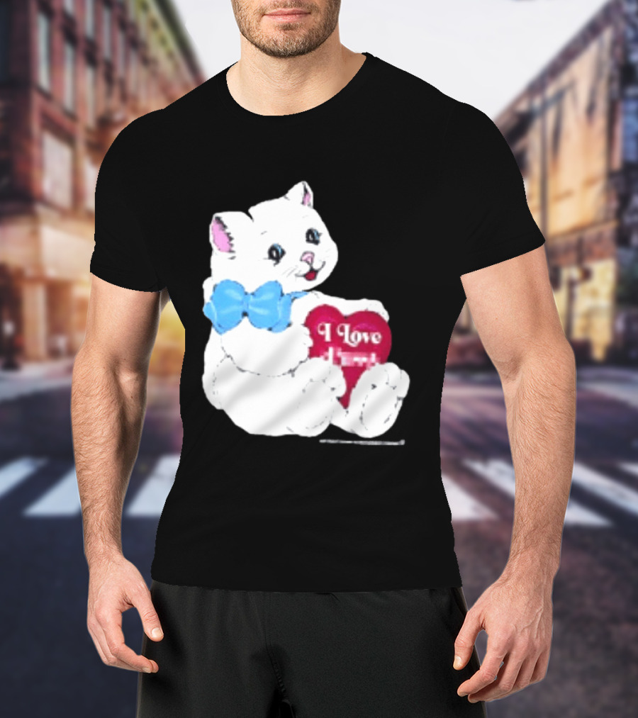 I Love Pussy Cats Heart Blue Bow Adorable White Kitten T-Shirt