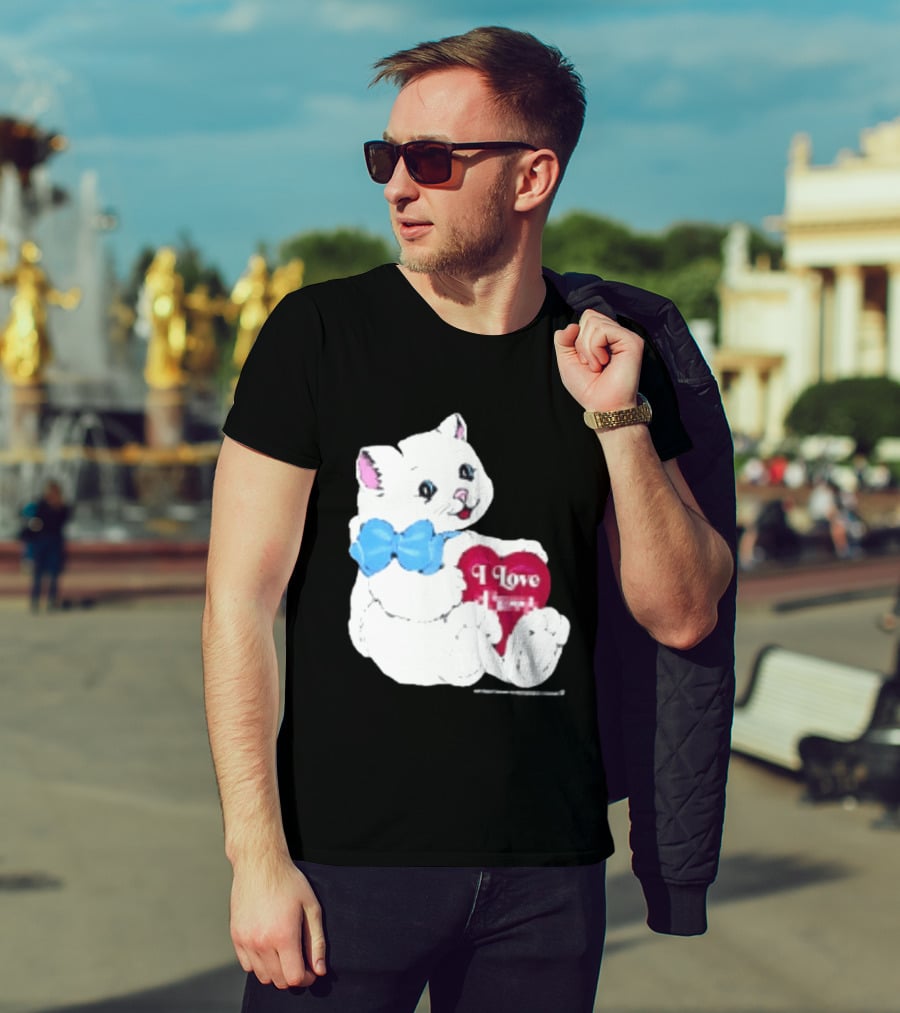 I Love Pussy Cats Heart Blue Bow Adorable White Kitten T-Shirt
