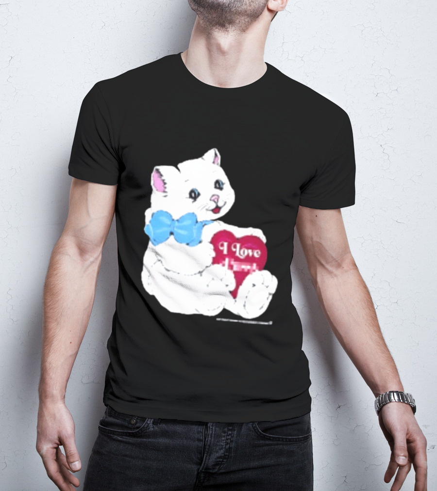 I Love Pussy Cats Heart Blue Bow Adorable White Kitten T-Shirt