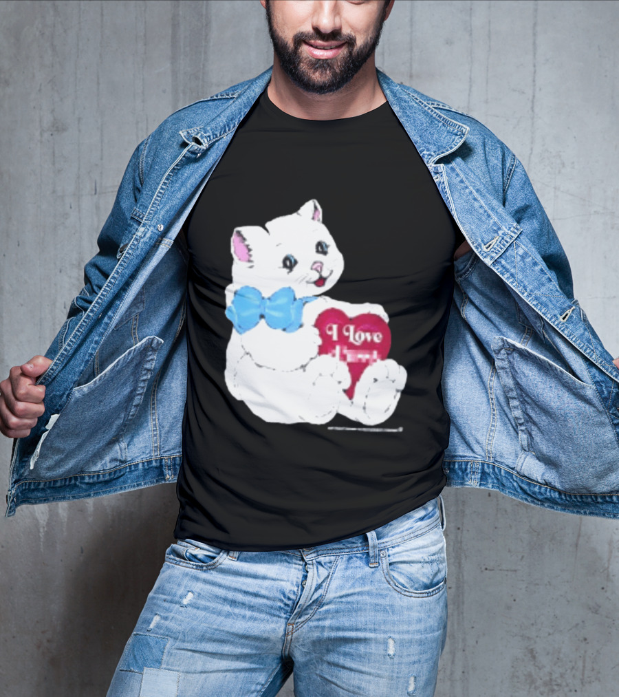 I Love Pussy Cats Heart Blue Bow Adorable White Kitten T-Shirt