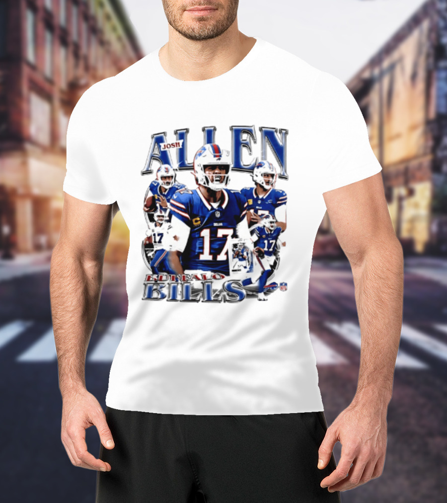Josh Allen Buffalo Bills NFL Player Collage Featuring Number 17 Football Star T-Shirt