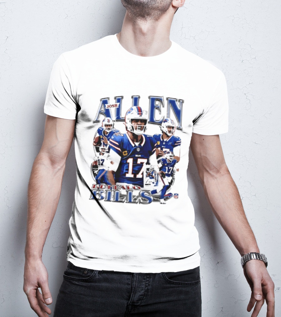 Josh Allen Buffalo Bills NFL Player Collage Featuring Number 17 Football Star T-Shirt