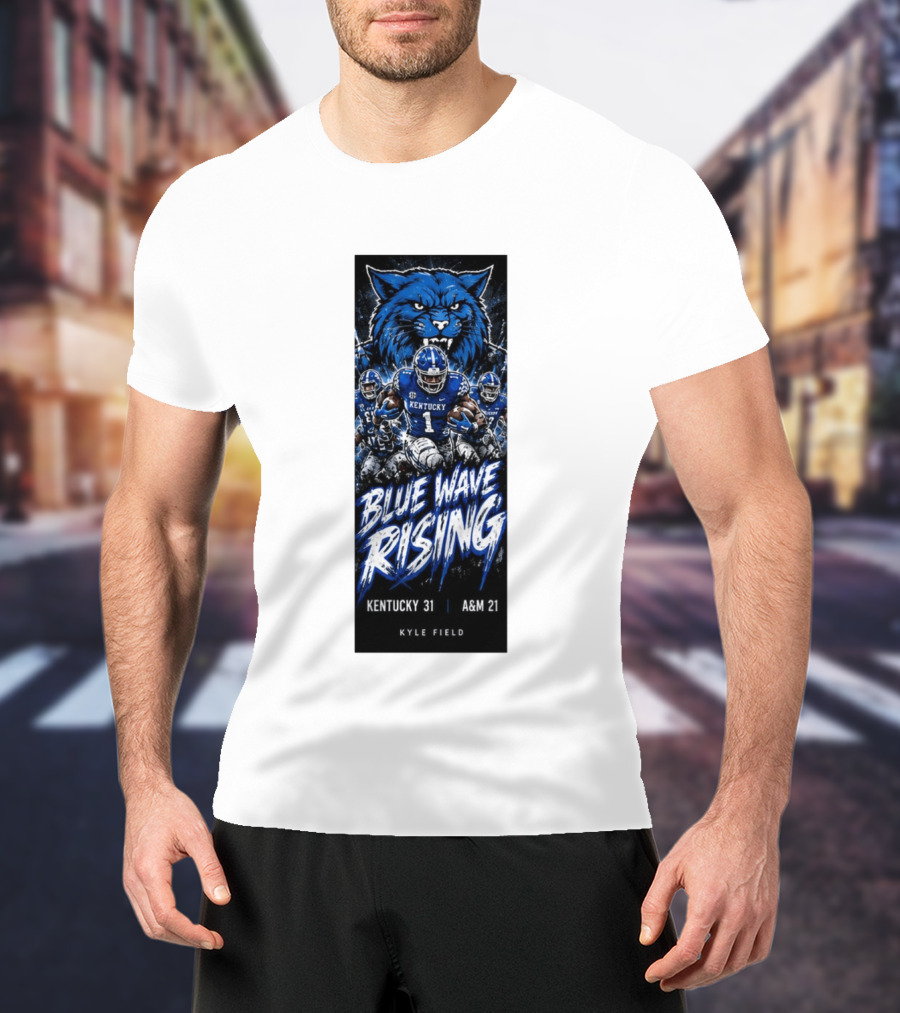 NCAA Kentucky Wildcats Blue Wave Rising 31 To 21 Victory At Texas AM Kyle Field T-Shirt