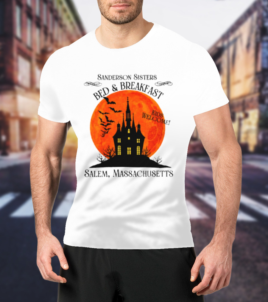 Sanderson Sisters Bed And Breakfast Kids Welcome Salem Massachusetts Halloween Bats Haunted House T-Shirt