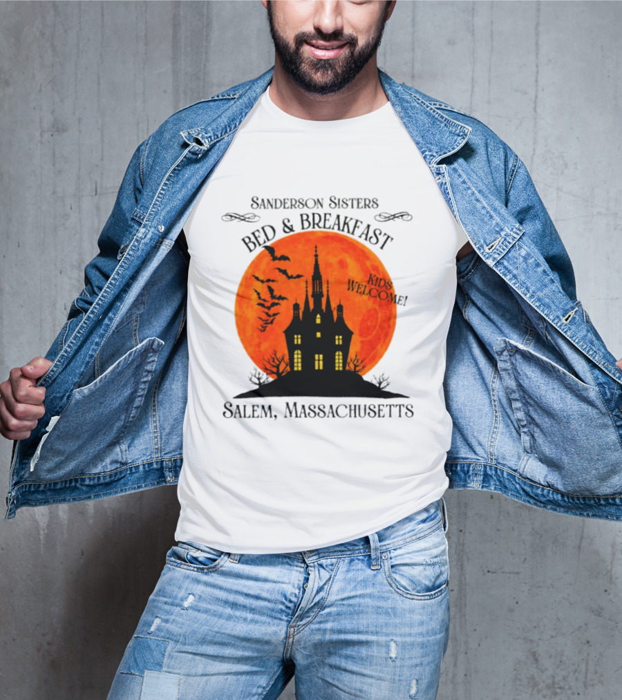 Sanderson Sisters Bed And Breakfast Kids Welcome Salem Massachusetts Halloween Bats Haunted House T-Shirt