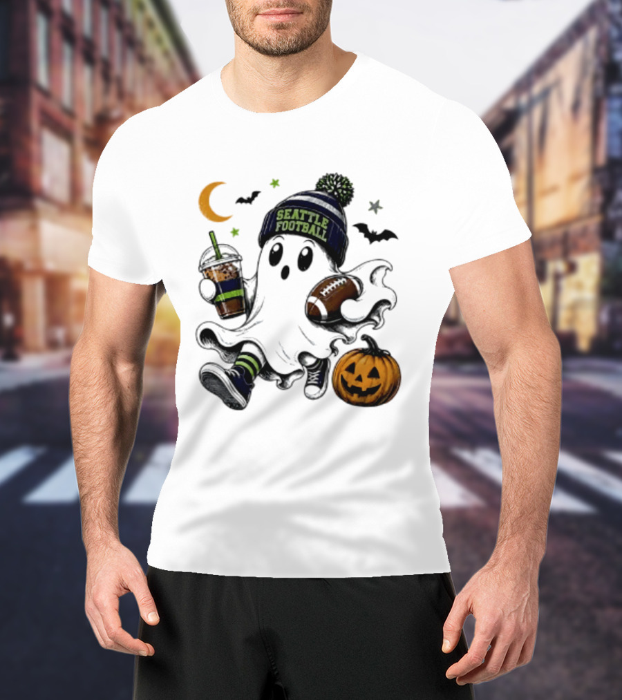 Seattle Football Halloween Ghost With Pumpkin Coffee And Moon T-Shirt