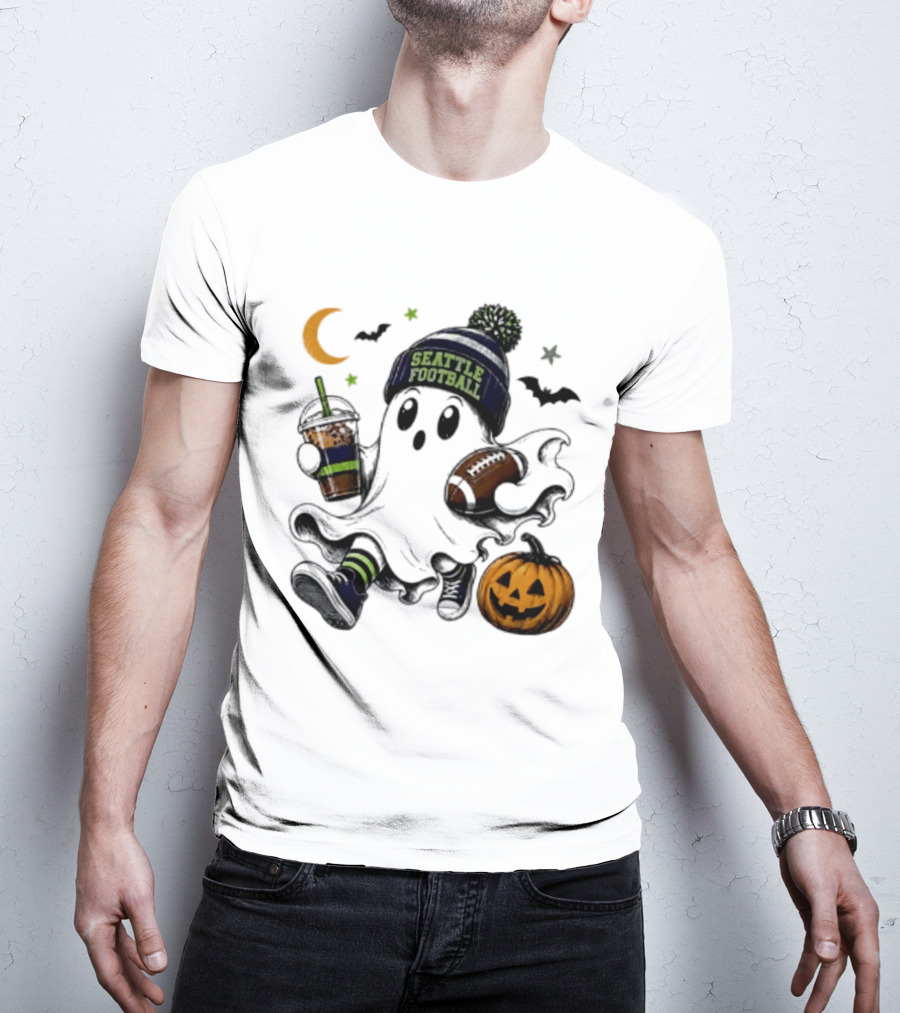 Seattle Football Halloween Ghost With Pumpkin Coffee And Moon T-Shirt