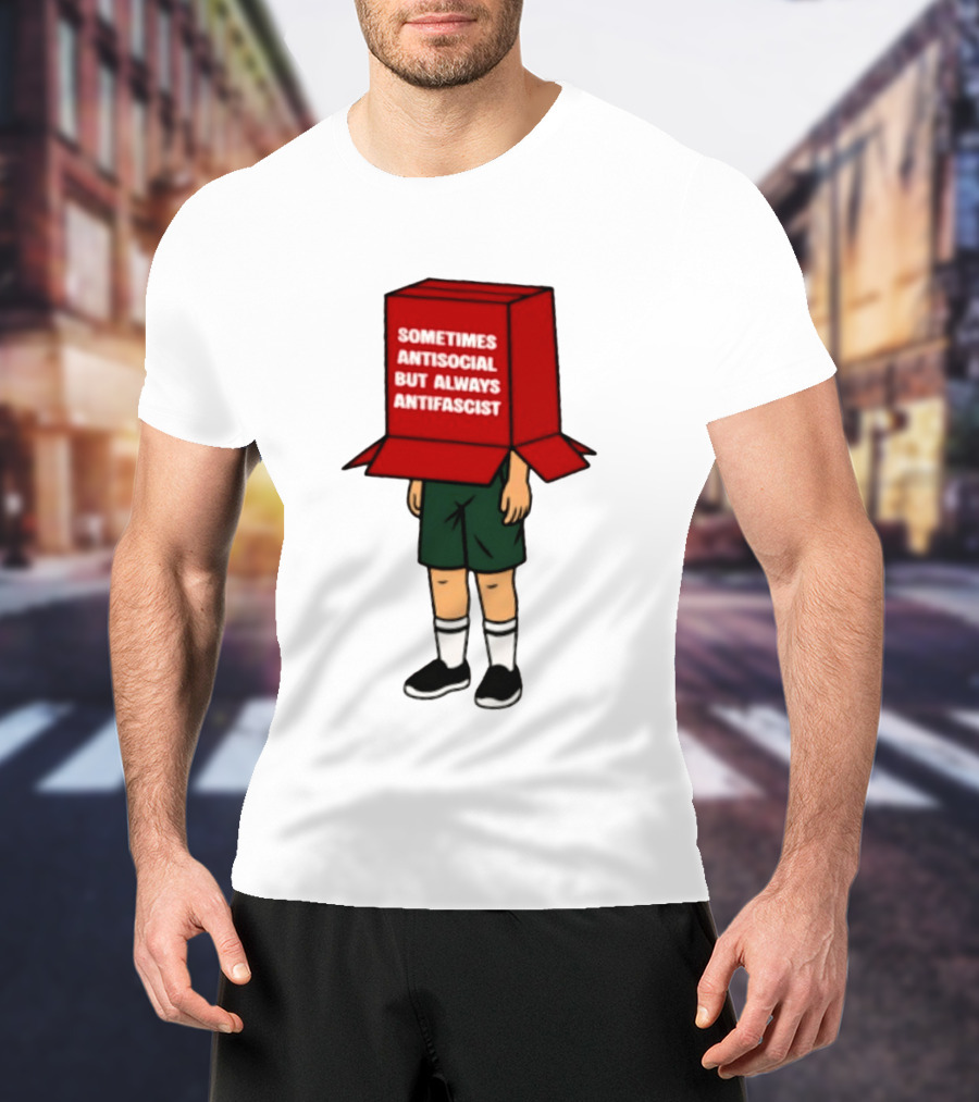 Sometimes Antisocial But Always Antifascist Box Head Cartoon T-Shirt