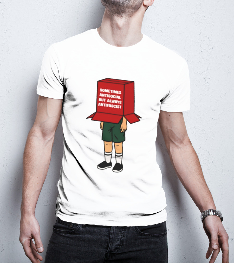 Sometimes Antisocial But Always Antifascist Box Head Cartoon T-Shirt