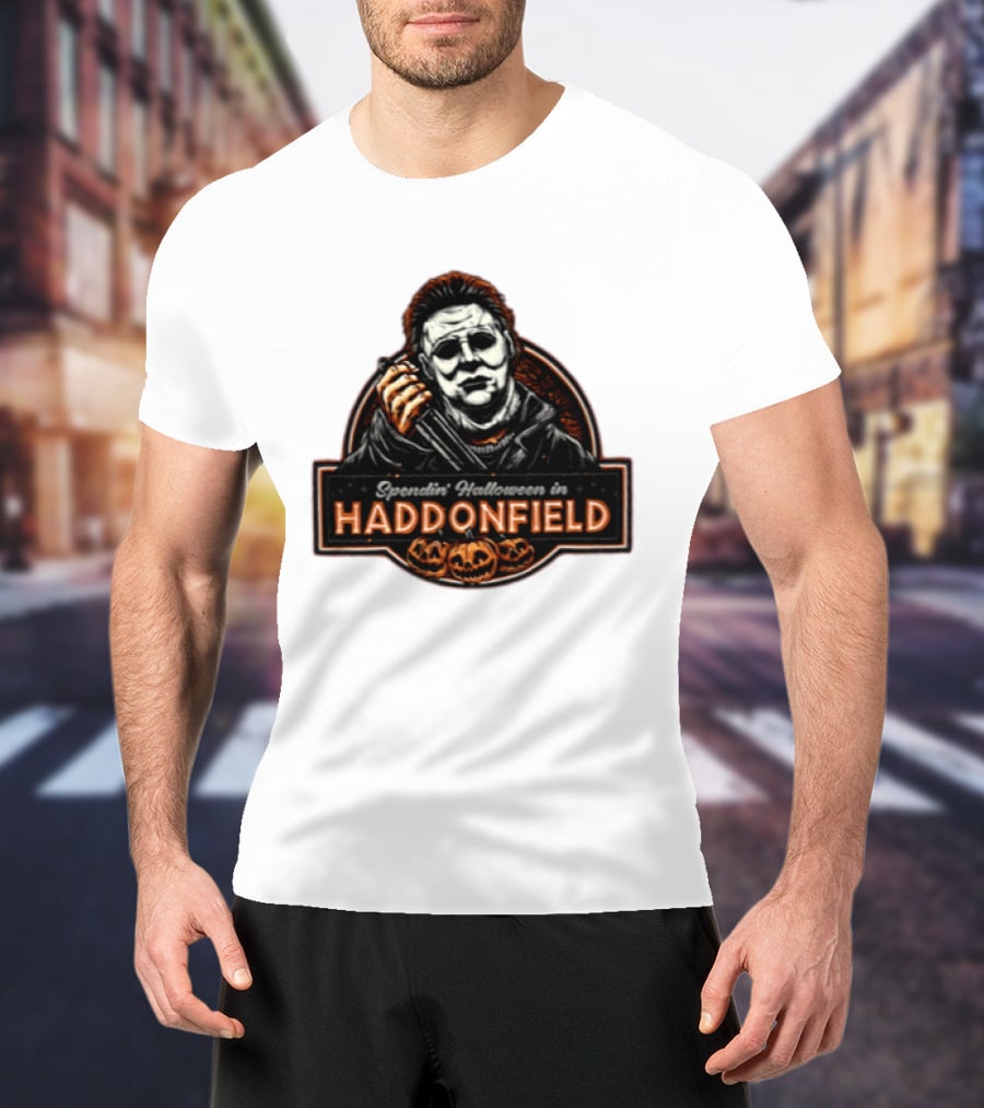 Michael Myers Spendin' Halloween In Haddonfield With Pumpkins T-Shirt