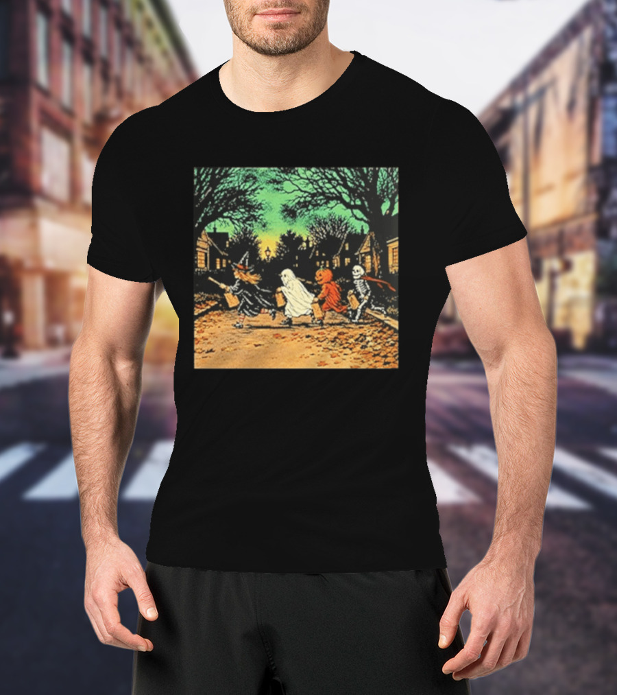 Trick Or Treat Witch Ghost Pumpkin Skeleton Halloween Scene T-Shirt