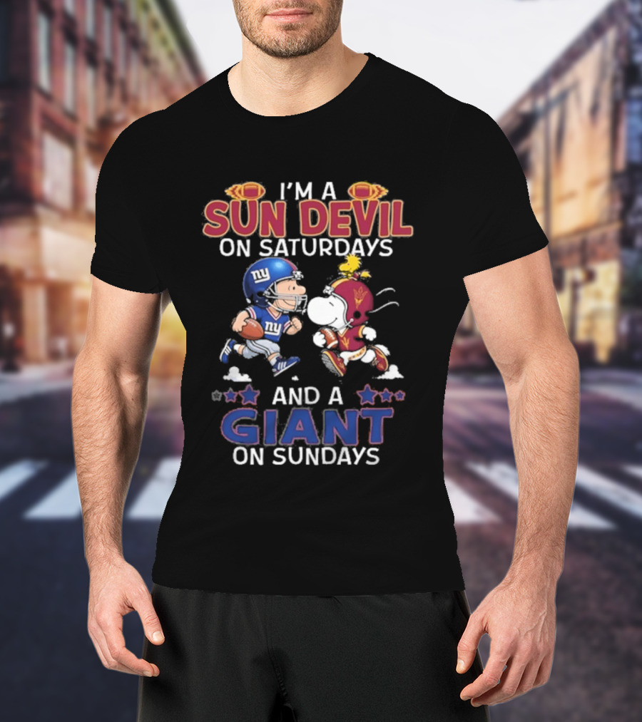I'm A Sun Devil On Saturdays And A Giant On Sundays Charlie Brown And Snoopy Football T-Shirt