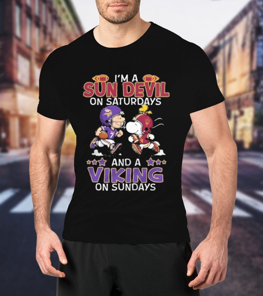 Charlie Brown Snoopy Sun Devil Saturdays Viking Sundays Peanuts Football T-Shirt