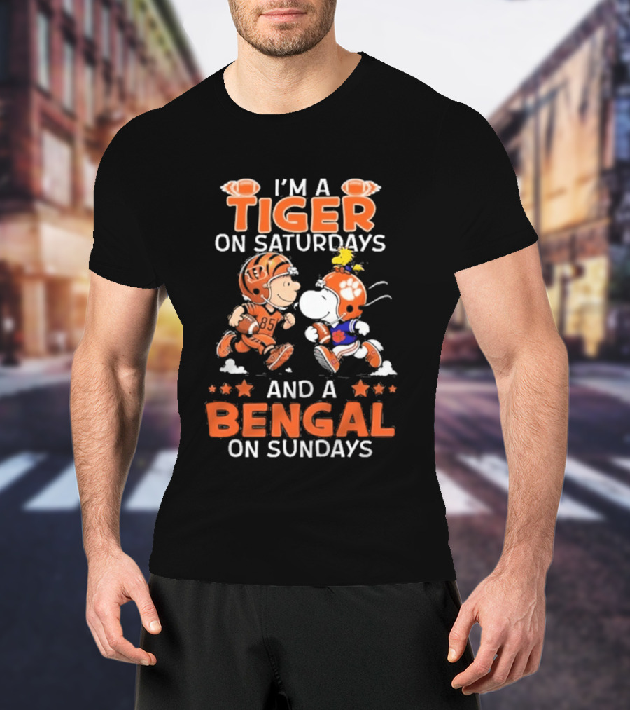 Charlie Brown Snoopy Tiger Saturdays Bengal Sundays Football T-Shirt