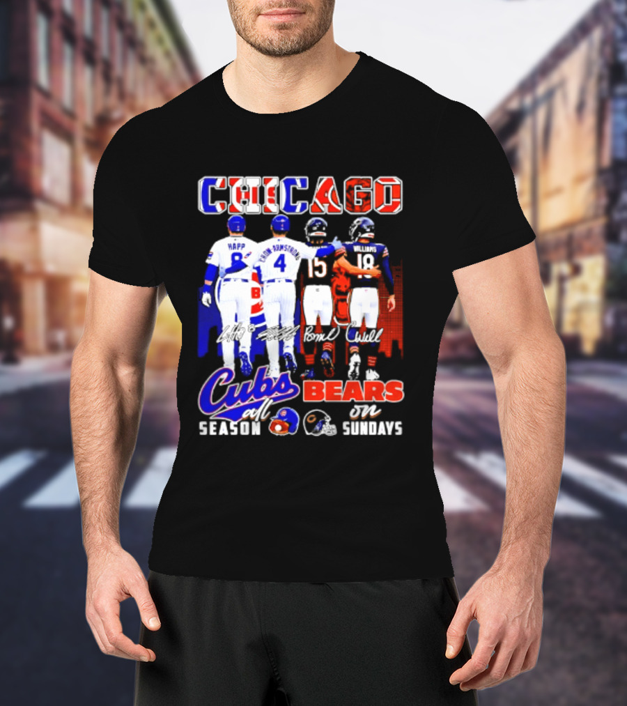 Chicago Cubs Happ And Bote Bears Fields And Moore Signature Skyline Sundays All Season T-Shirt