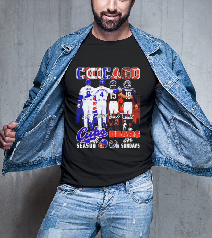 Chicago Cubs Happ And Bote Bears Fields And Moore Signature Skyline Sundays All Season T-Shirt