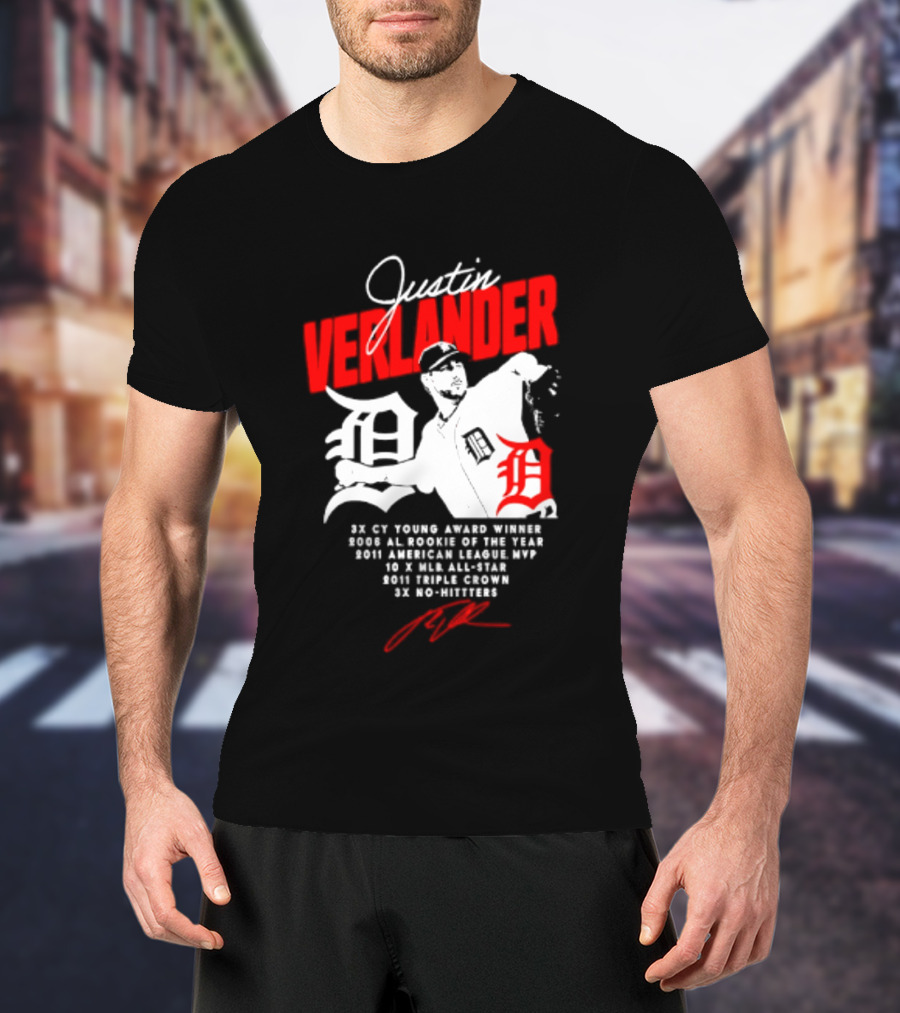 Detroit Tigers Justin Verlander No Hitter AL Rookie MVP Cy Young Winner MLB Career T-Shirt