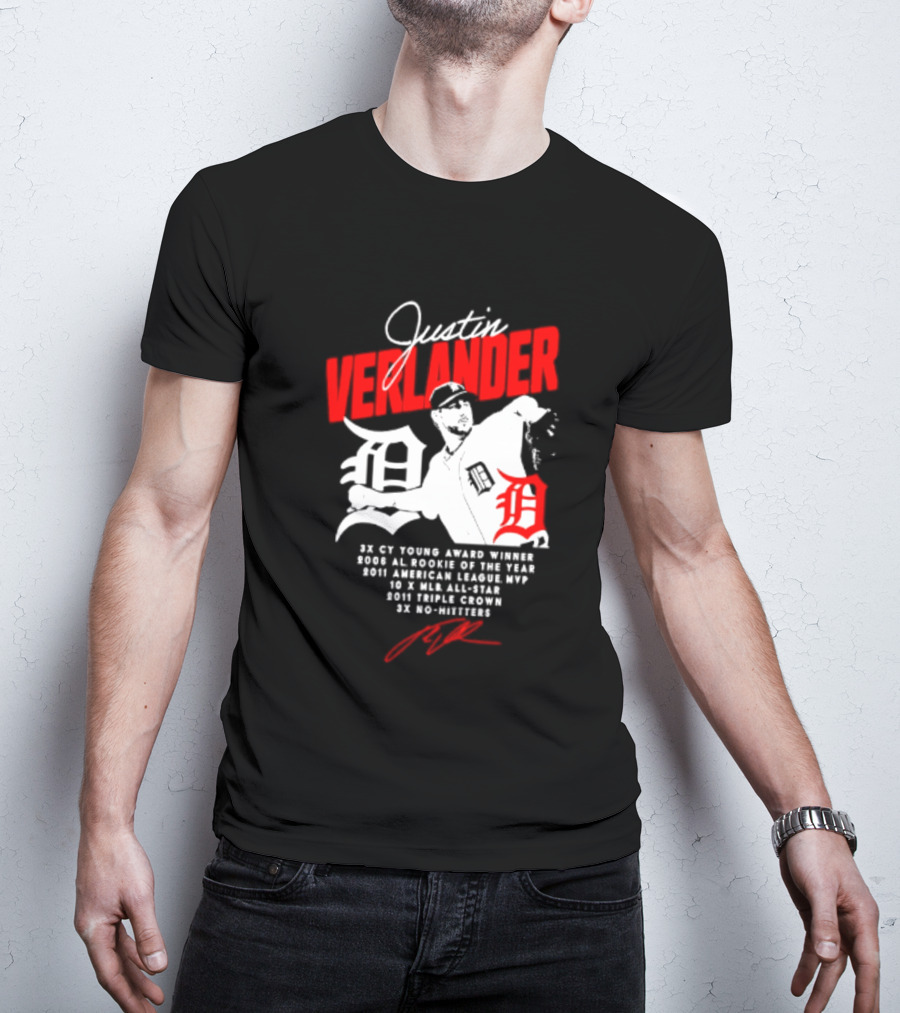 Detroit Tigers Justin Verlander No Hitter AL Rookie MVP Cy Young Winner MLB Career T-Shirt