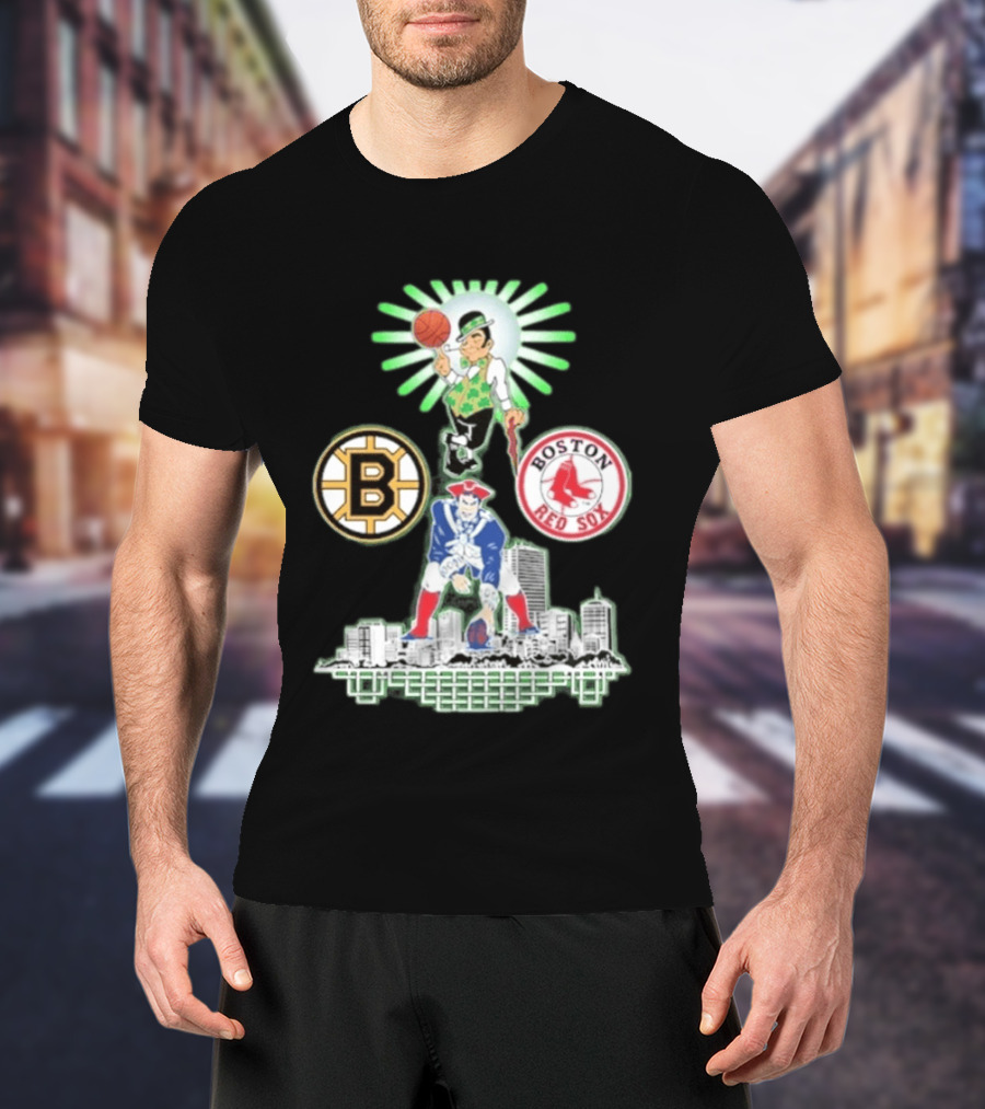 Boston Celtics Red Sox Bruins Skyline Triple Team Sports Boston T-Shirt