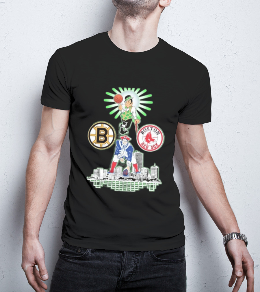 Boston Celtics Red Sox Bruins Skyline Triple Team Sports Boston T-Shirt